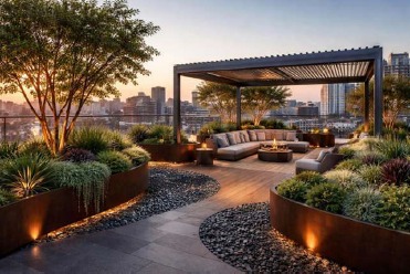 Terrazza verde su tetto con pergola bioclimatica, fioriere in corten e illuminazione serale sulla città