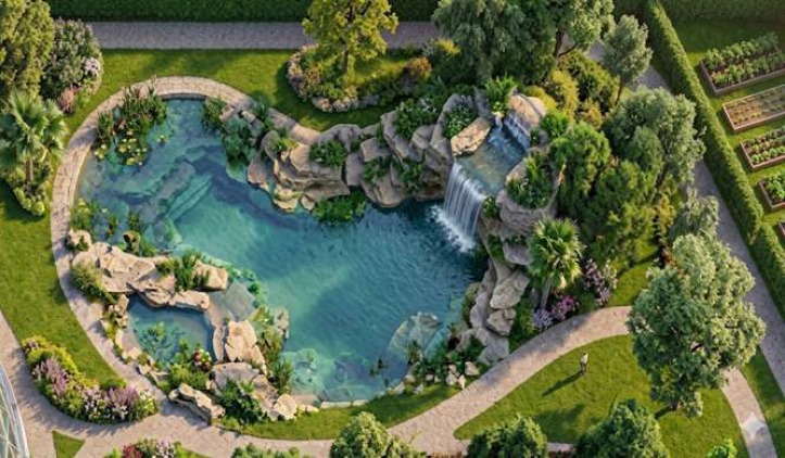 Vista aerea di un biolago in giardino con cascata, rocce, zona di fitodepurazione e percorsi