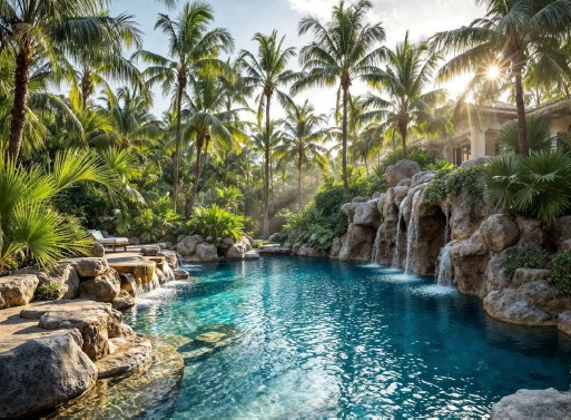 Piscina naturale con cascate su rocce, acqua turchese e palme al tramonto