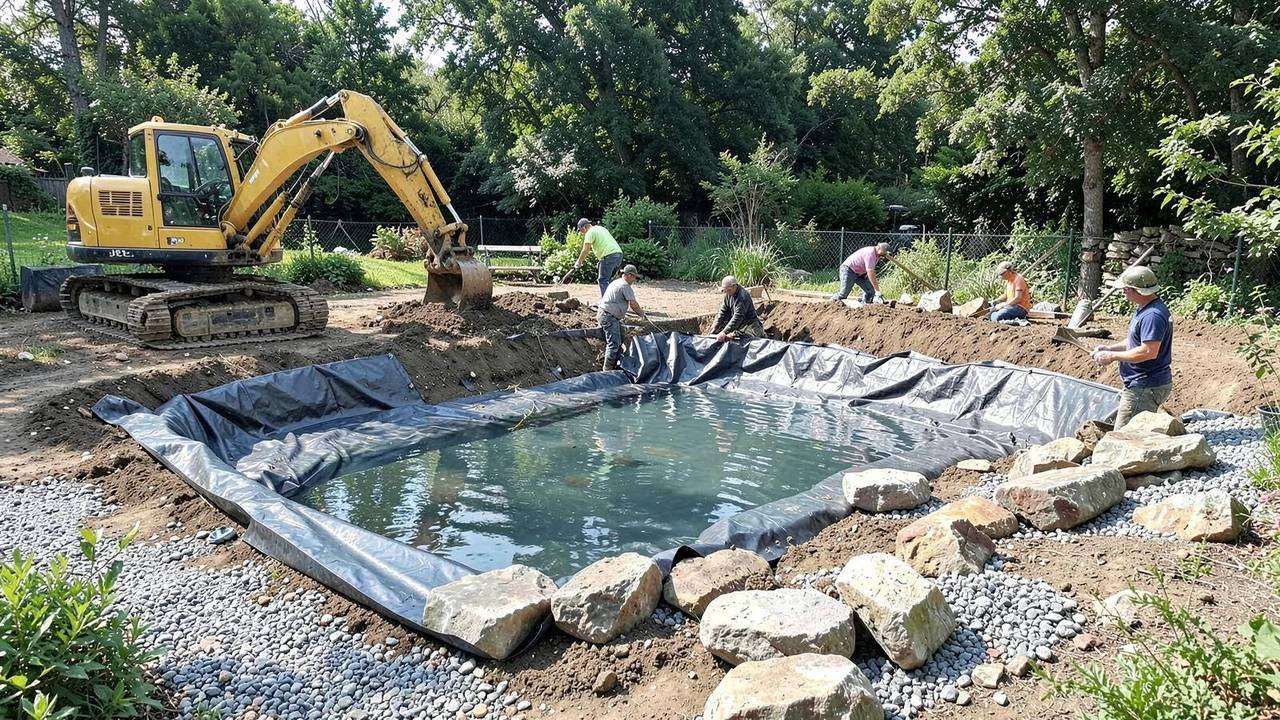 Costruzione in cantiere di una biopiscina Cantiere di costruzione di una biopiscina con scavo, telo impermeabile e posa delle pietre
