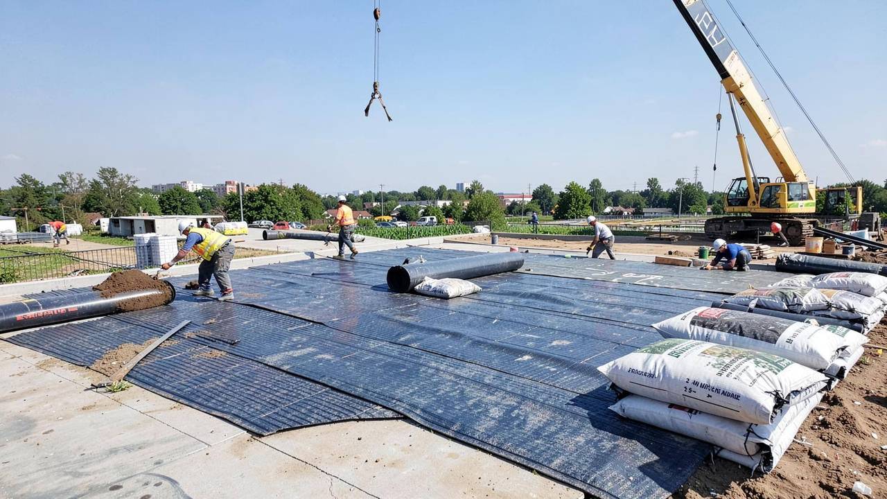 Cantiere di posa di un tetto verde con teli drenanti e stesura del substrato