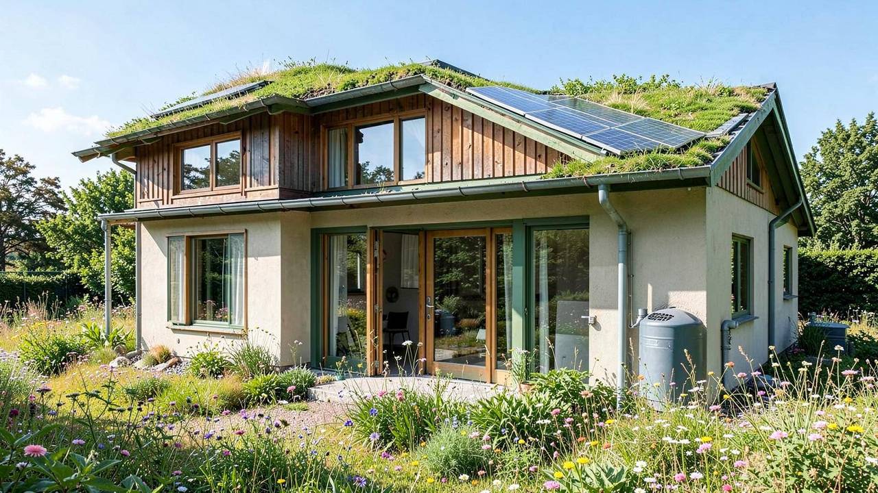 Casa sostenibile con tetto verde e fotovoltaico Casa sostenibile con tetto verde, pannelli fotovoltaici e giardino di fiori spontanei