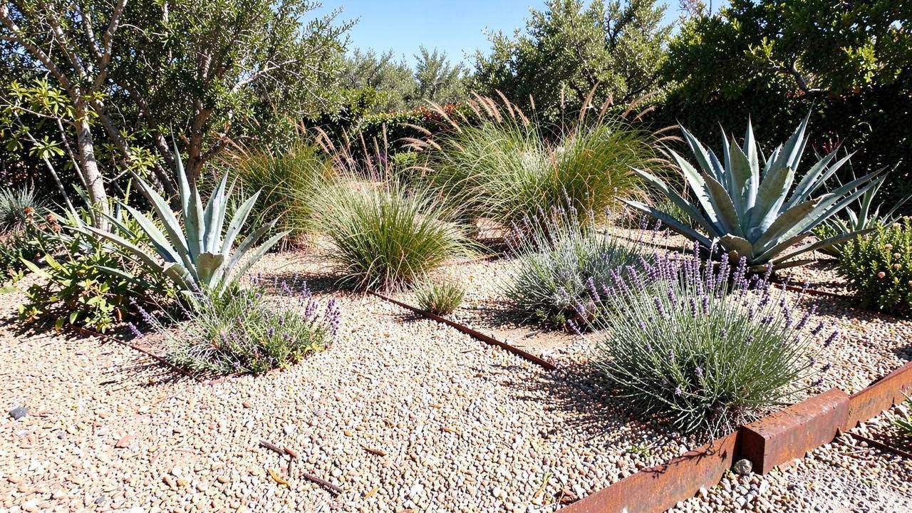 Dry garden con piante resistenti alla siccità Dry garden con ghiaia, graminacee, lavanda e agavi resistenti alla siccità