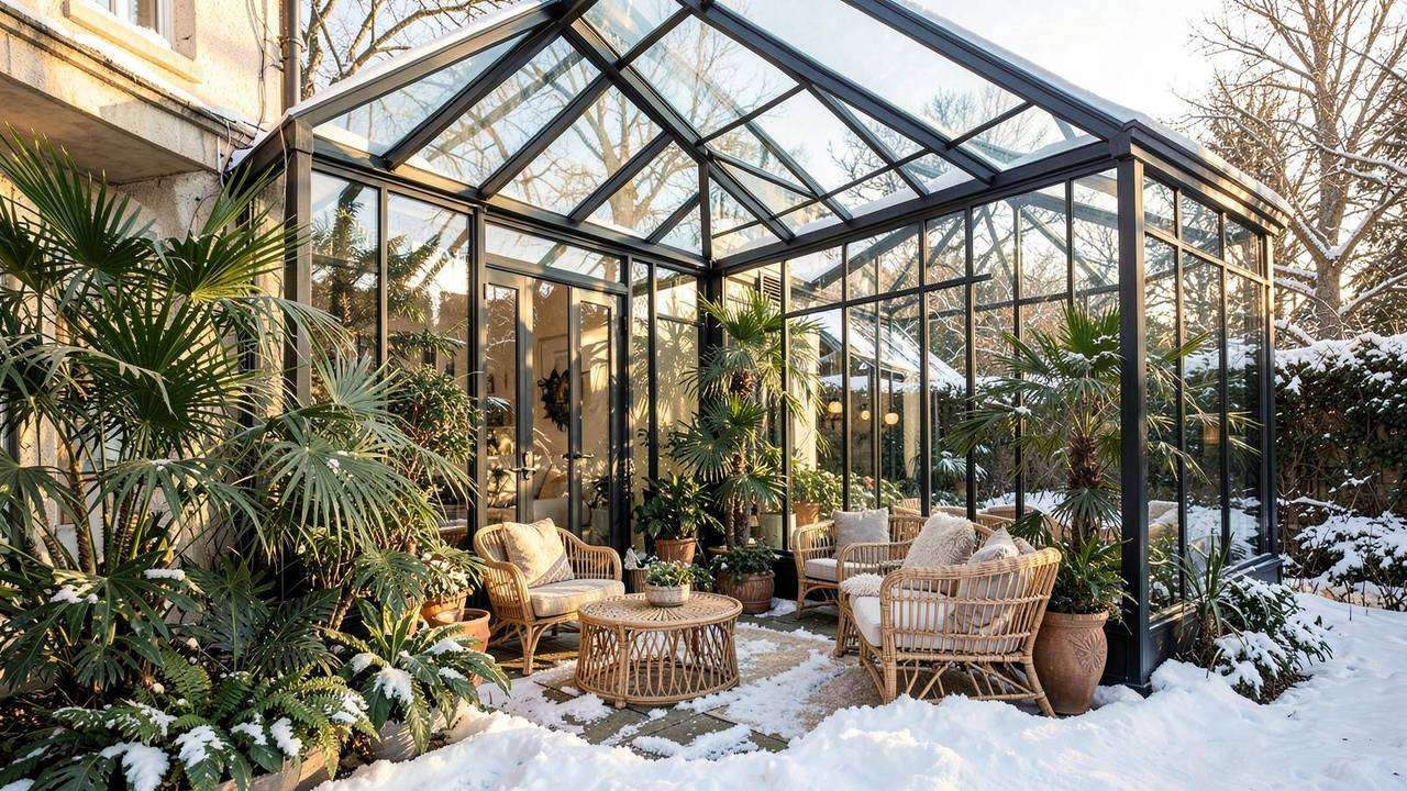 Giardino d'inverno con vetrate e piante tropicali Giardino d'inverno con grandi vetrate, piante tropicali in vaso e sedute in vimini