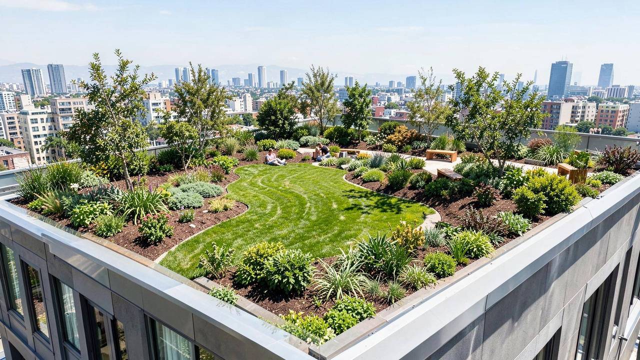 Giardino pensile intensivo con prato e alberi in copertura Giardino pensile intensivo con prato, alberi e sedute sulla copertura di un edificio