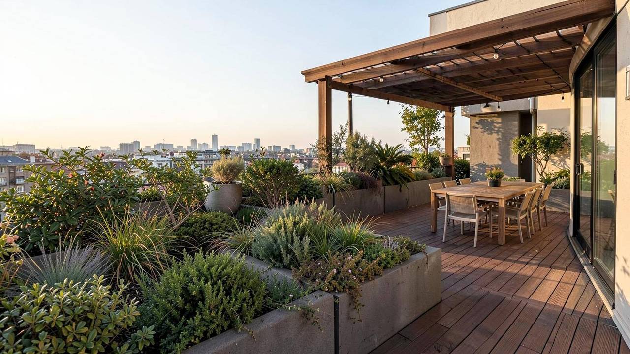 Giardino pensile su terrazza con fioriere e pergola Giardino pensile su terrazza con fioriere, pergola e vista sulla città