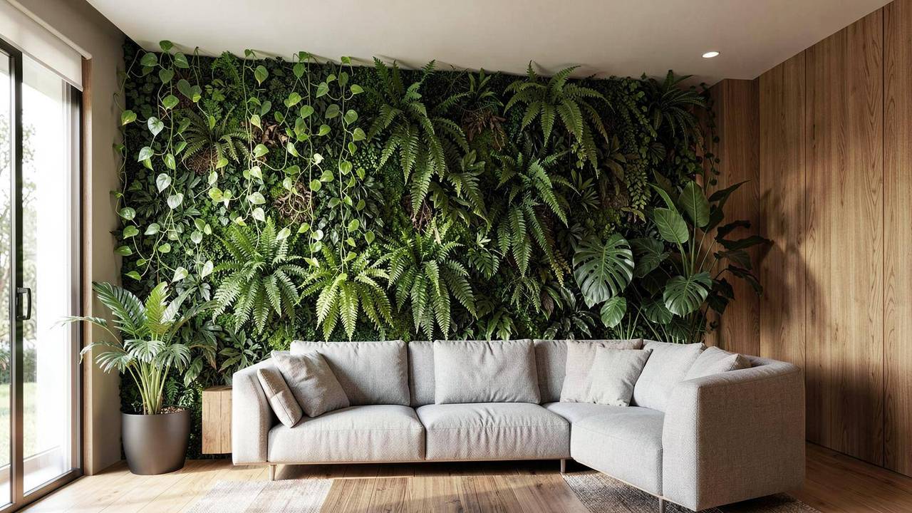 Giardino verticale interno in un soggiorno Soggiorno con parete verde interna di felci e piante tropicali