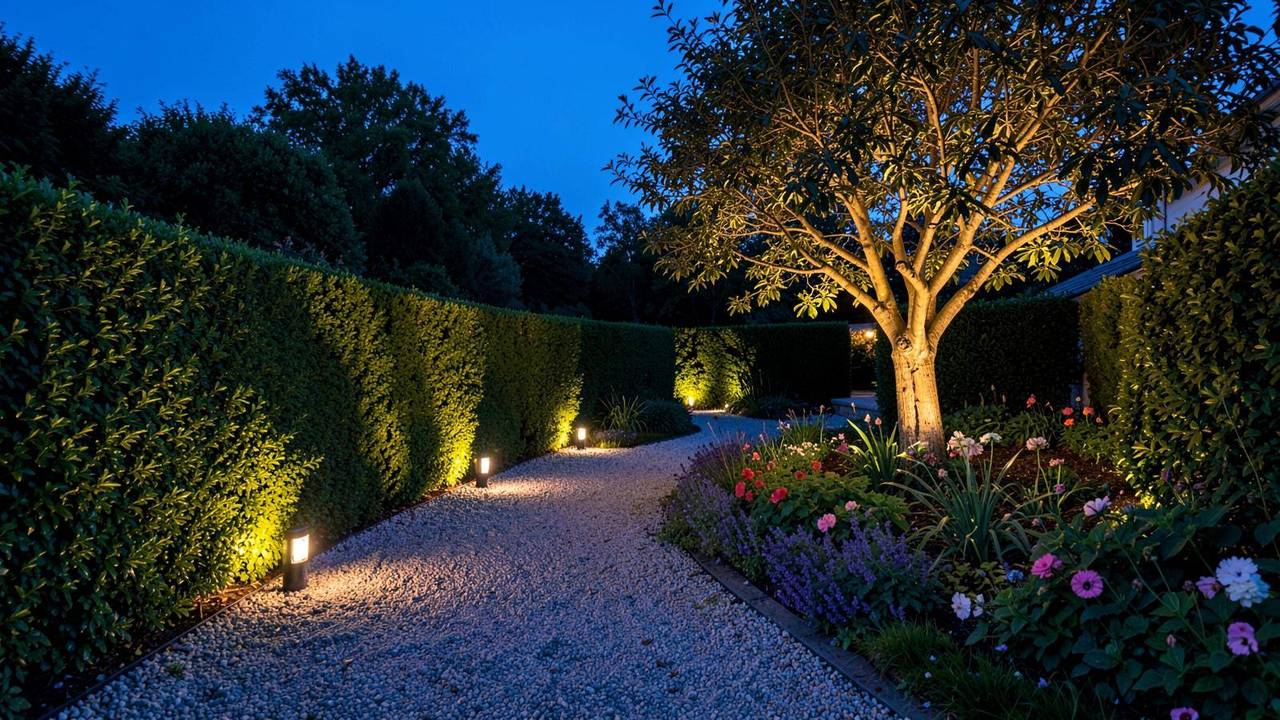 Illuminazione del giardino: vialetto, aiuole e alberi Vialetto in ghiaia illuminato da paletti luminosi con aiuole fiorite e albero valorizzato dal basso