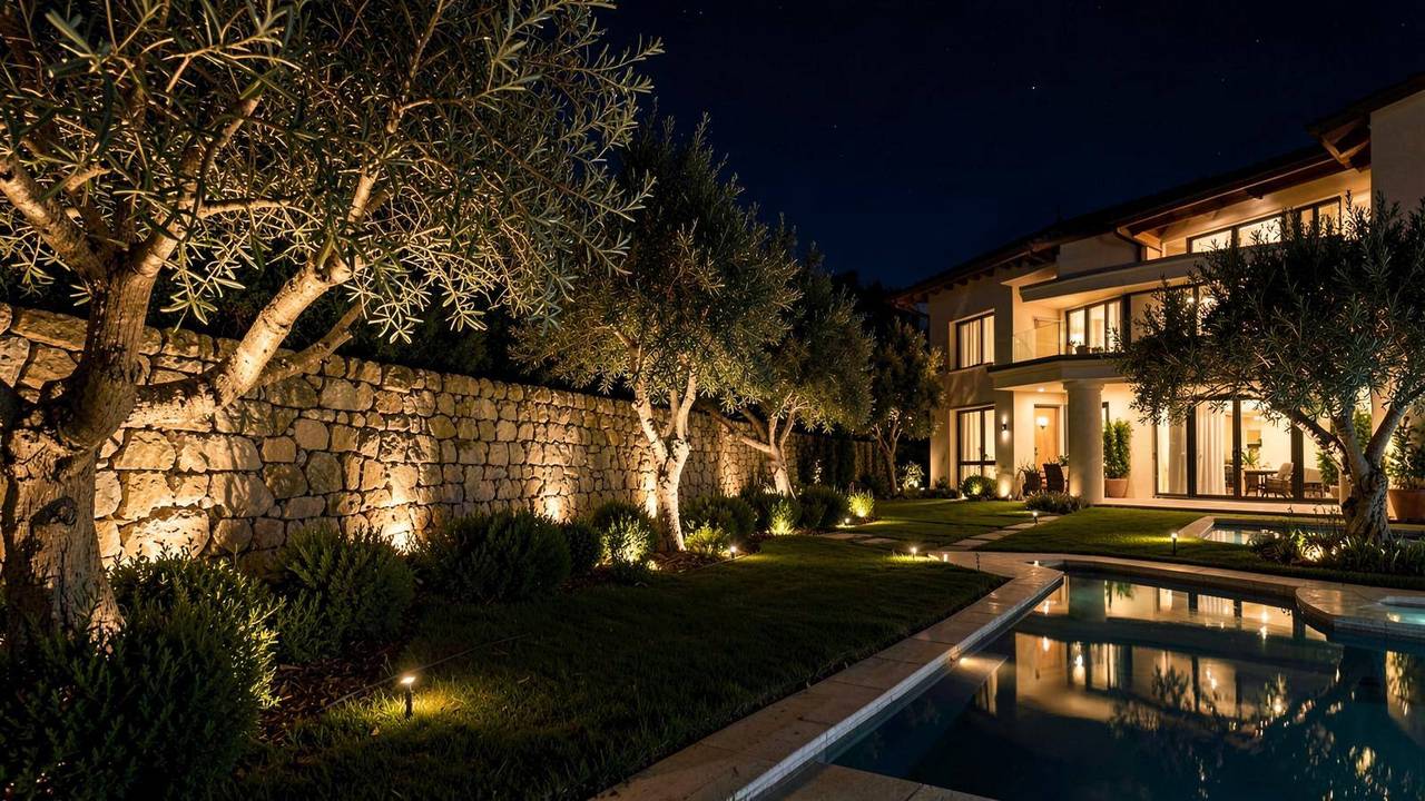 Illuminazione notturna di un giardino con alberi e percorsi Giardino illuminato di notte con alberi valorizzati dalla luce e percorsi segnati