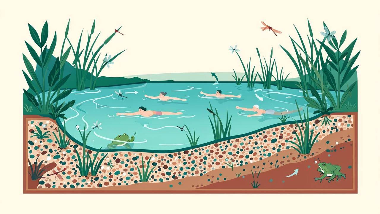 L'ecosistema naturale di un biolago Illustrazione dell'ecosistema di un biolago con piante acquatiche e fauna