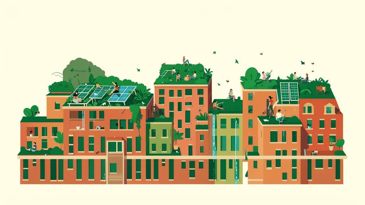 Illustrazione di una città con tetti verdi e dei loro benefici ambientali
