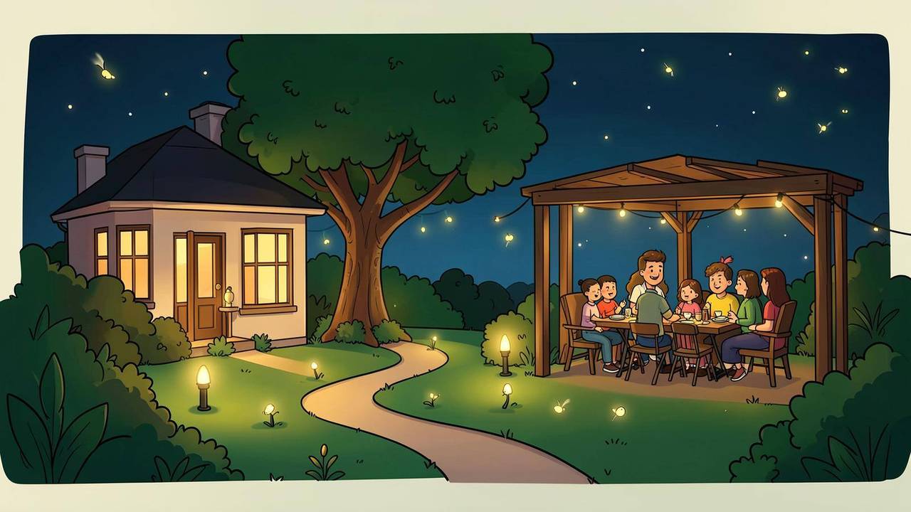 Vivere il giardino la sera grazie alla luce Illustrazione di un giardino illuminato la sera con famiglia a cena sotto la pergola