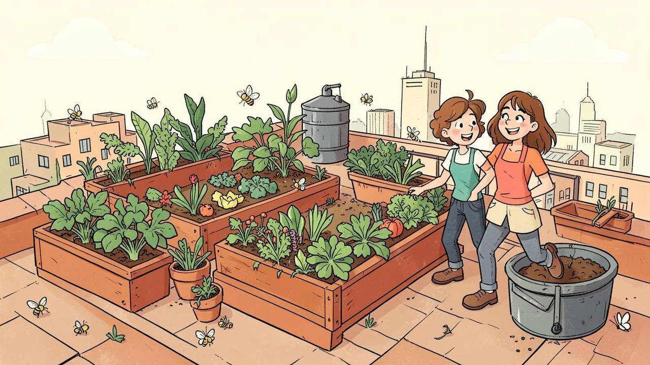 Orto pensile urbano e raccolta dell'acqua piovana Illustrazione di un orto pensile urbano con raccolta dell'acqua piovana