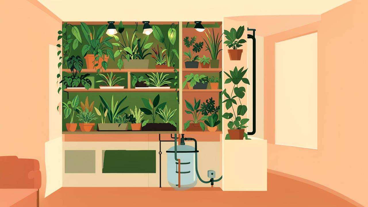 Parete verde interna modulare con irrigazione a ricircolo Illustrazione di una parete verde interna modulare con serbatoio e irrigazione a ricircolo