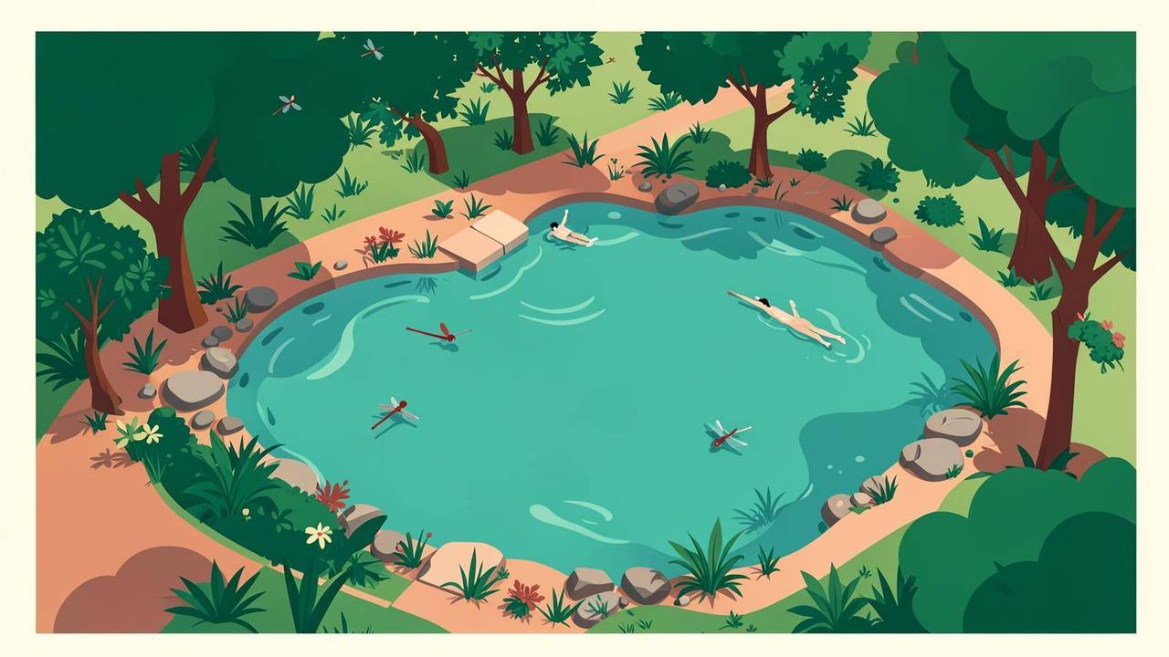Le zone di una piscina naturale Illustrazione di una piscina naturale con zona balneabile e zona piantumata