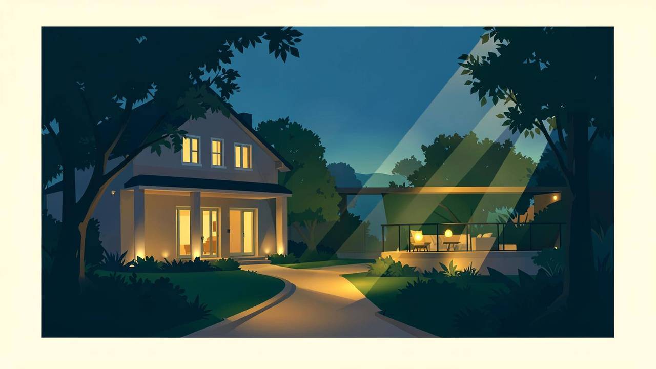 Scenari di luce per giardino, terrazza e facciata Illustrazione degli scenari di luce per giardino, terrazza e facciata