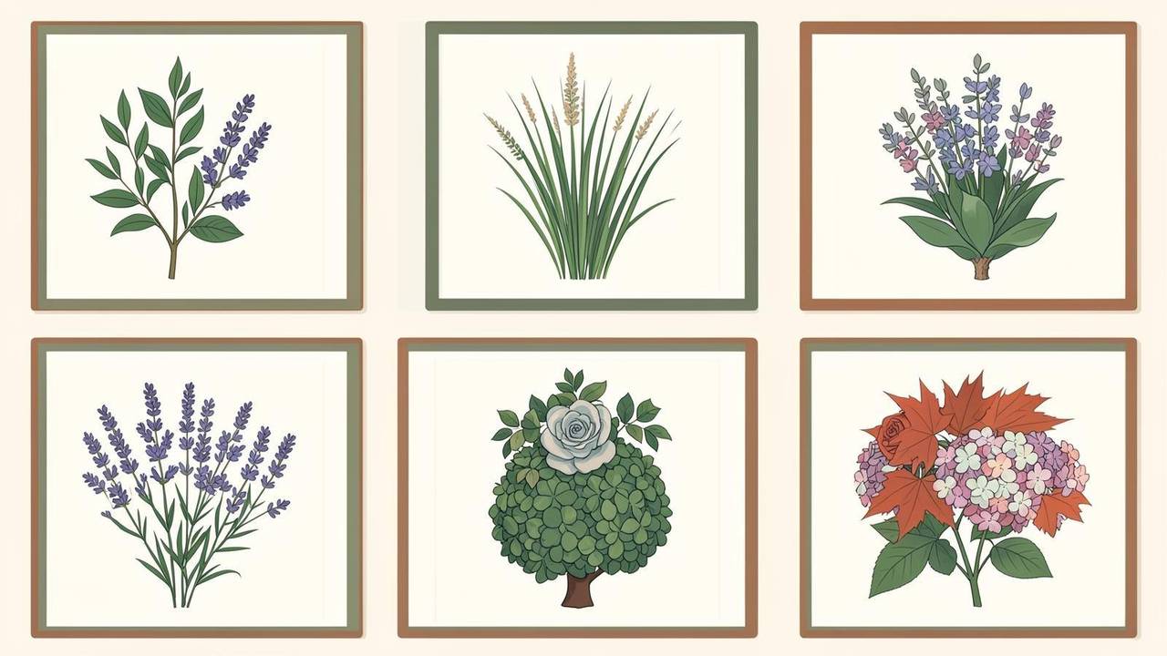 Illustrazione botanica con una selezione di specie da giardino