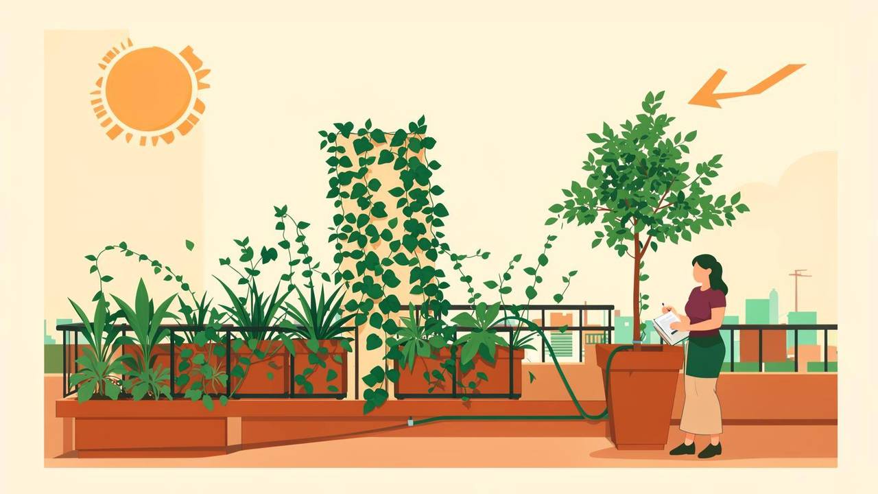 Fioriere, irrigazione e ombra su una terrazza verde Illustrazione di una terrazza verde con fioriere, irrigazione automatica e ombreggiamento