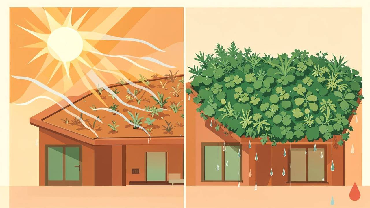 Isolamento e acqua piovana con il tetto estensivo Illustrazione dei vantaggi del tetto estensivo su isolamento e gestione dell'acqua piovana