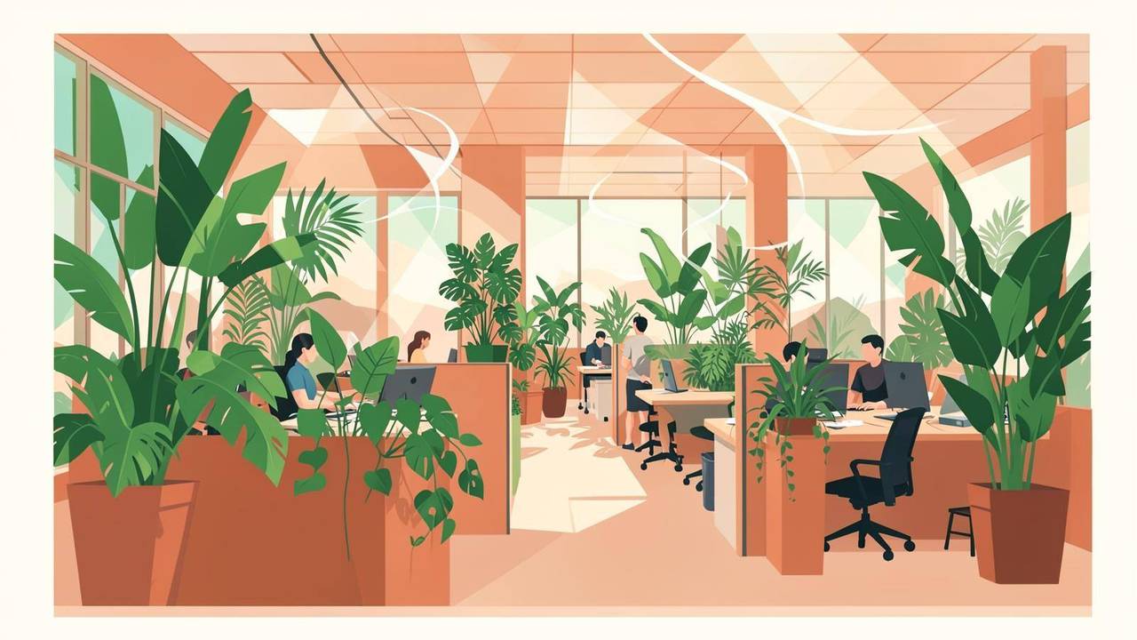 I benefici del verde per interni negli ambienti di lavoro Illustrazione dei benefici del verde negli uffici su benessere, acustica e qualità dell'aria