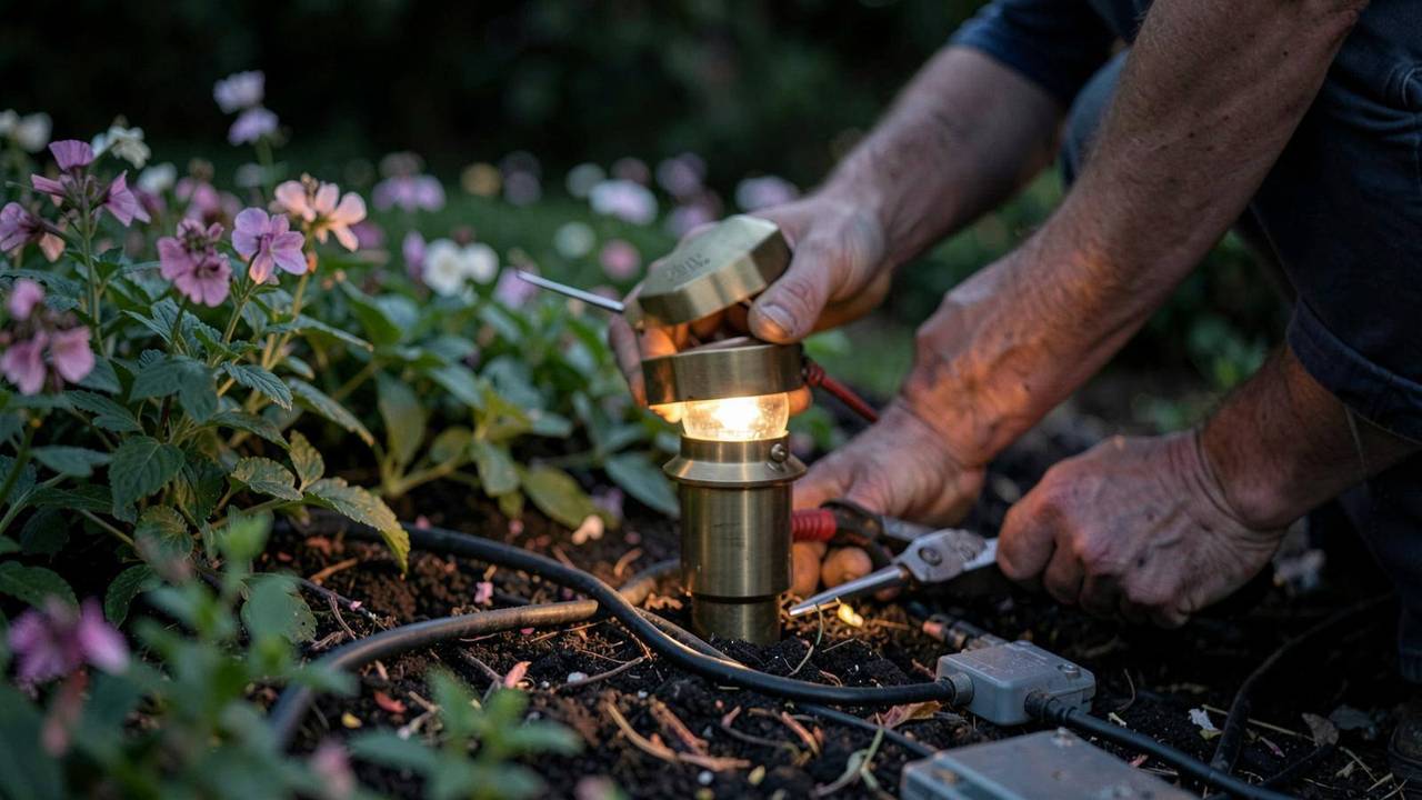 Installazione di faretti da giardino a bassa tensione Installazione di faretti da giardino con cavi a bassa tensione