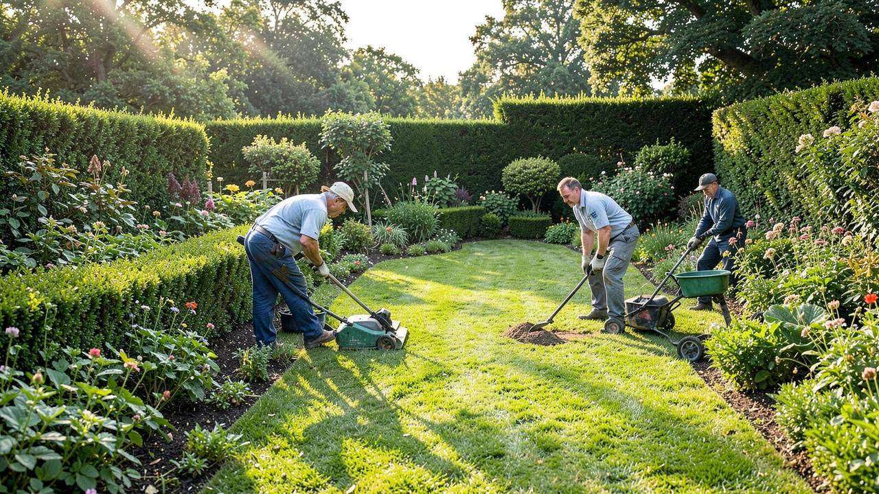 Manutenzione del giardino: potatura, prato e cura del verde Giardinieri al lavoro nella manutenzione di un giardino tra potatura delle siepi e cura del prato