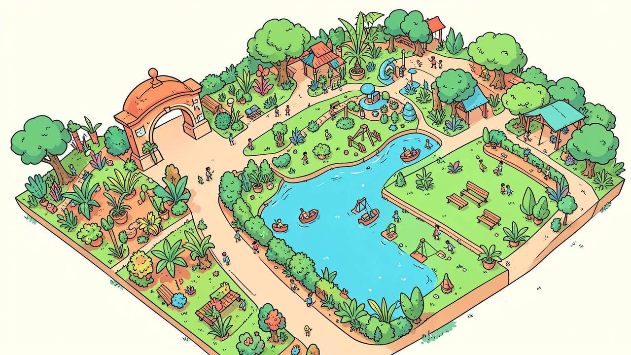 Mappa illustrata delle aree di un parco tematico Mappa illustrata di un parco tematico con le diverse aree tematiche e i percorsi