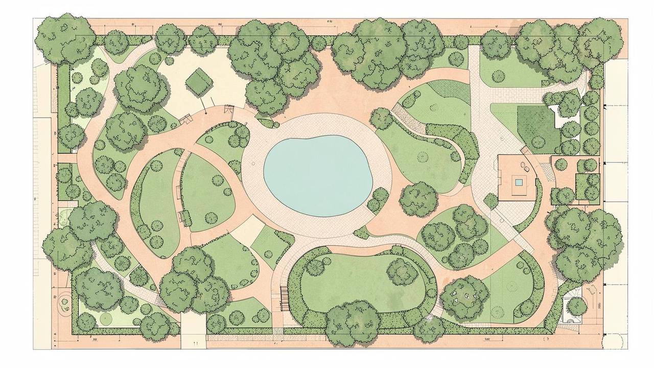 Masterplan del paesaggio con percorsi, specchio d'acqua, boschetti e aree di sosta