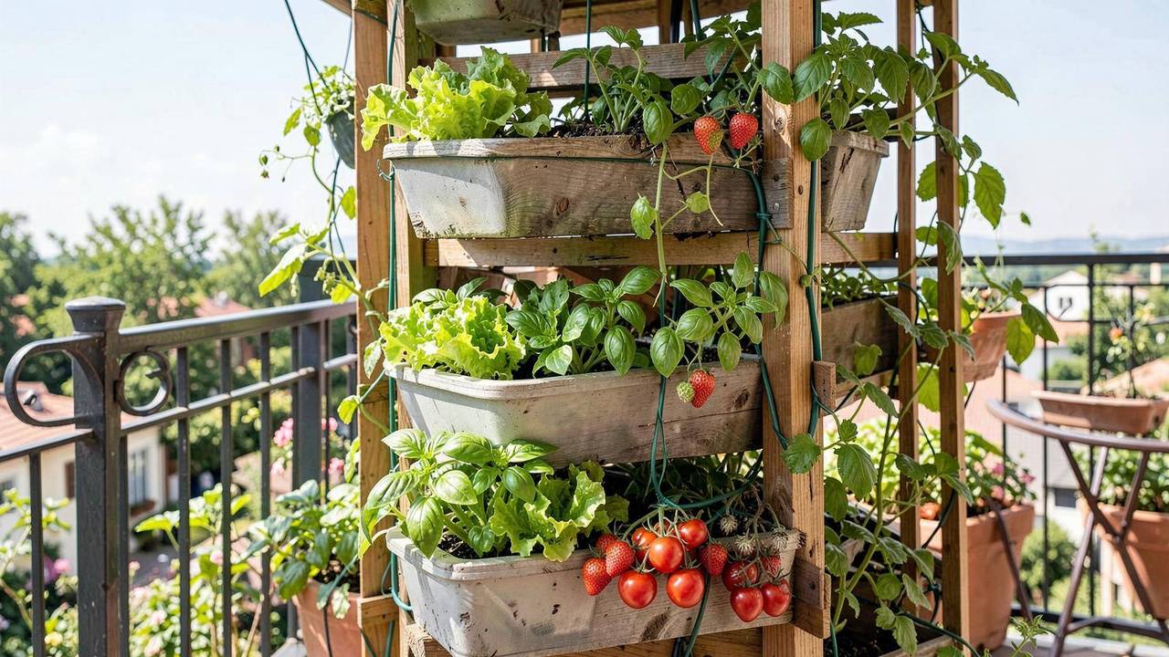 Orto verticale su terrazzo con ortaggi e aromatiche Orto verticale su terrazzo con moduli di ortaggi, insalate e piante aromatiche