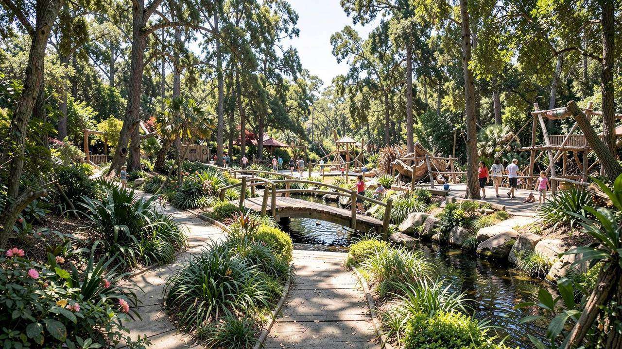 Progettazione di parchi tematici e aree gioco nel verde Parco tematico con ponte in legno, percorsi nel verde e aree gioco immerse nella natura