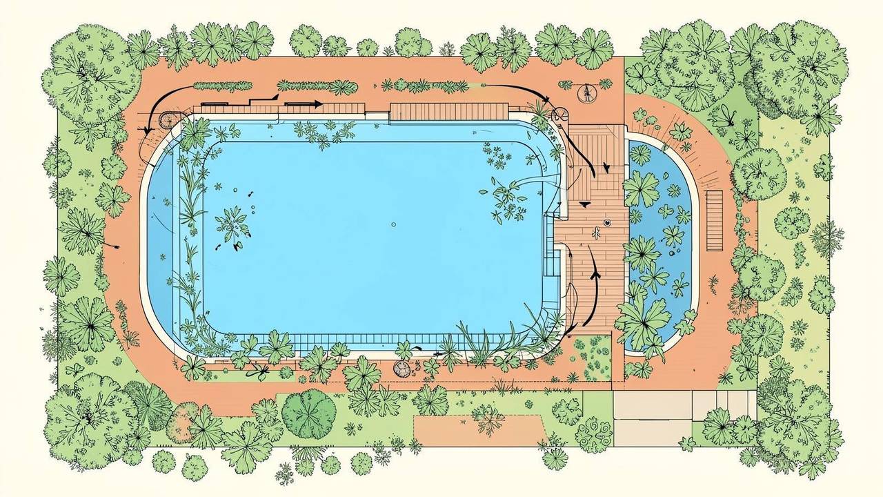 Planimetria di una biopiscina Planimetria di una biopiscina con zona di balneazione e zona di fitodepurazione