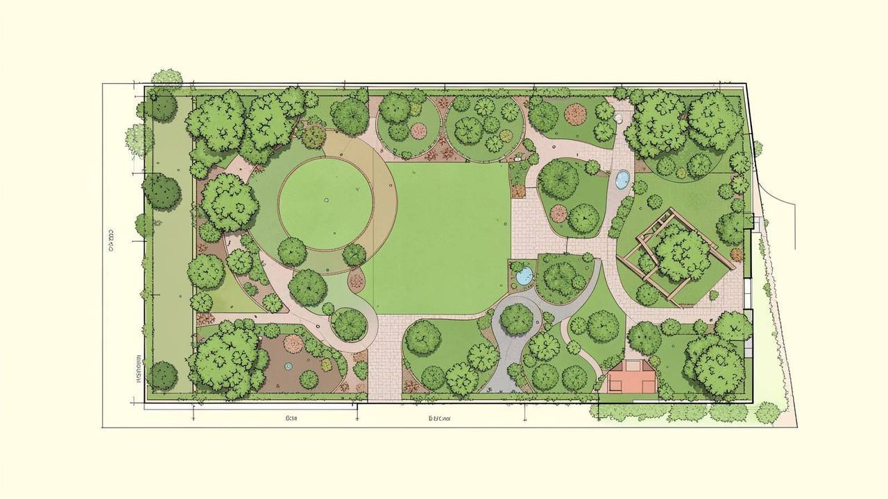 Planimetria di un giardino pensile intensivo Planimetria di un giardino pensile intensivo con aiuole, percorsi e aree di sosta