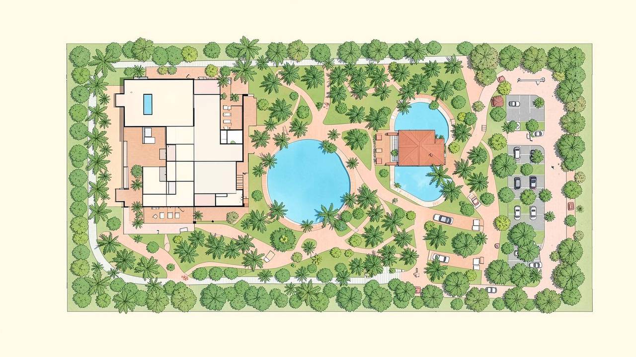 Planimetria di un resort con piscina, percorsi, spa e aree verdi