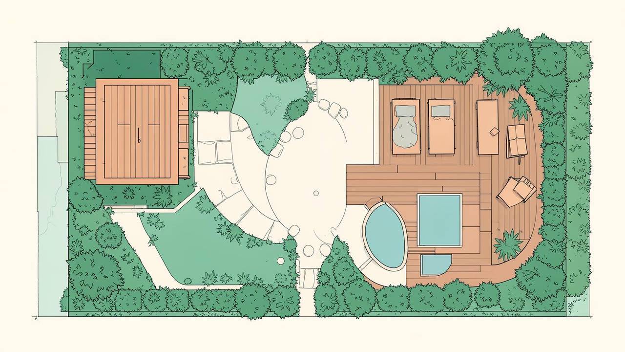 Planimetria di una spa in giardino Planimetria di un'area benessere con sauna, vasche, deck relax e verde