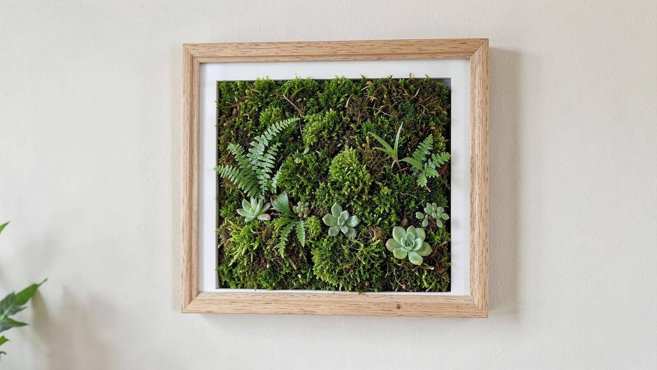 Quadro vegetale con muschio e piante stabilizzate Quadro vegetale con cornice in legno, muschio stabilizzato e piante verdi