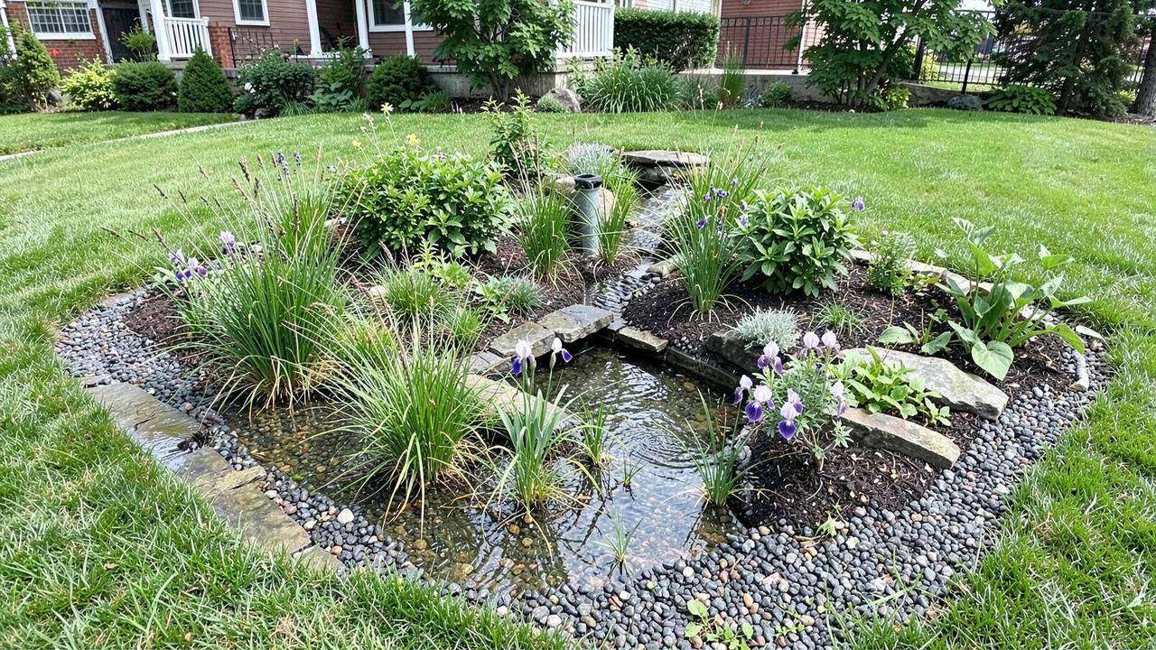 Rain garden: aiuola drenante per l'acqua piovana Rain garden con avvallamento piantumato, canaletta in pietra e piante da zone umide