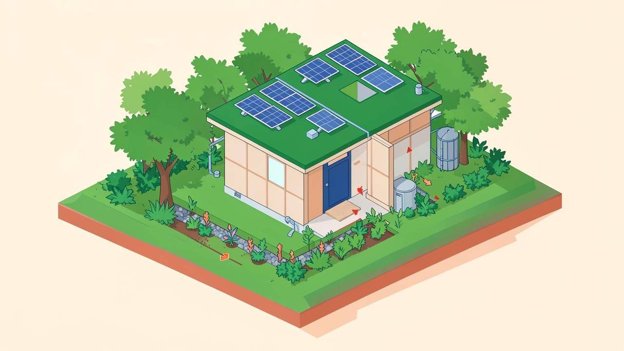 Acqua, energia e verde in una casa sostenibile Schema di una casa ecologica con recupero dell'acqua piovana, pompa di calore e verde