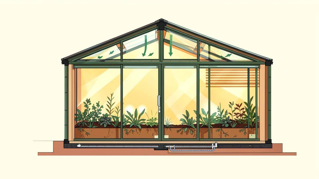 Schema climatico di un giardino d'inverno Schema in sezione di una veranda con vetrate, ventilazione, ombreggiamento e climatizzazione