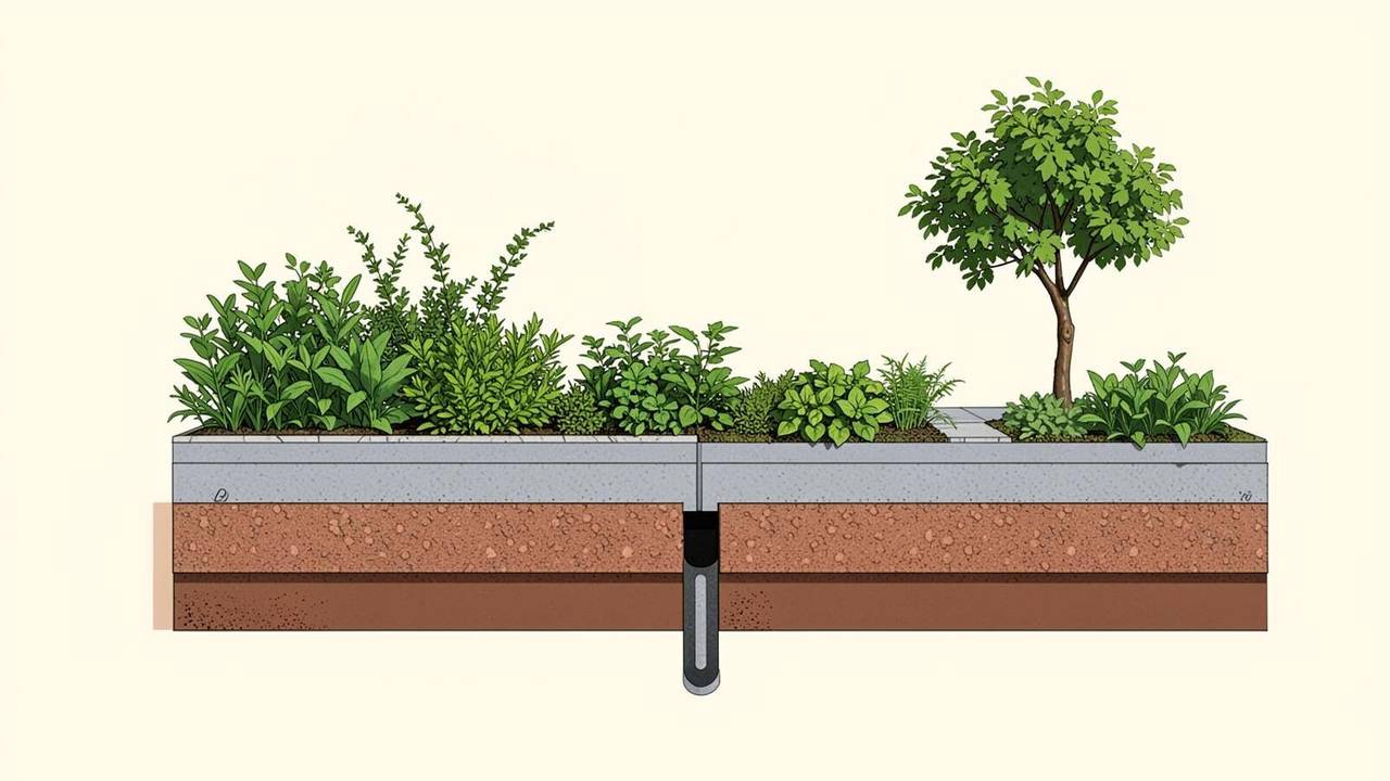 Sezione tecnica di un giardino pensile Schema del giardino pensile con solaio, impermeabilizzazione, drenaggio e substrato
