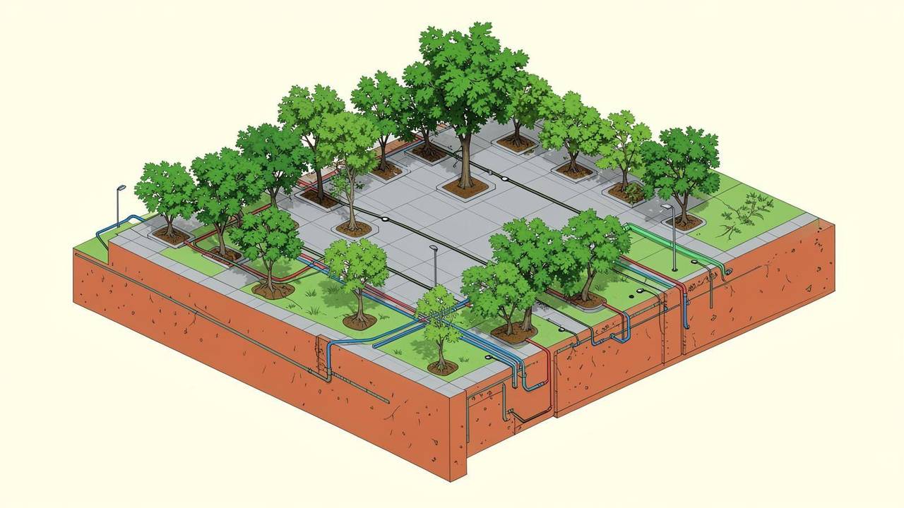 Schema tecnico con sottoservizi, impianto di irrigazione e alberature di una grande opera a verde