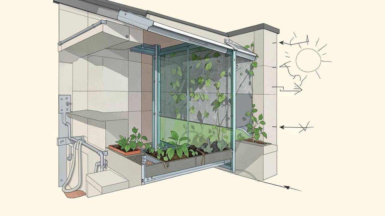 Schema della parete verde esterna con struttura, ancoraggi, moduli e impianto di irrigazione