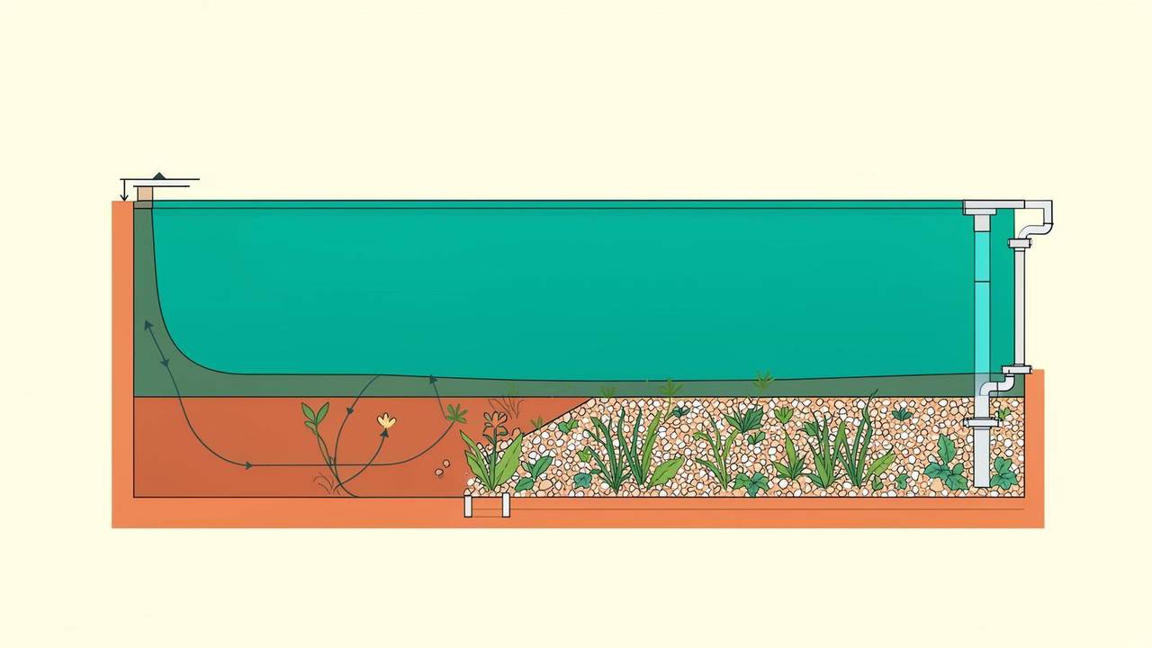 Filtrazione naturale di una piscina biologica Schema della filtrazione naturale e della circolazione dell'acqua in una piscina biologica