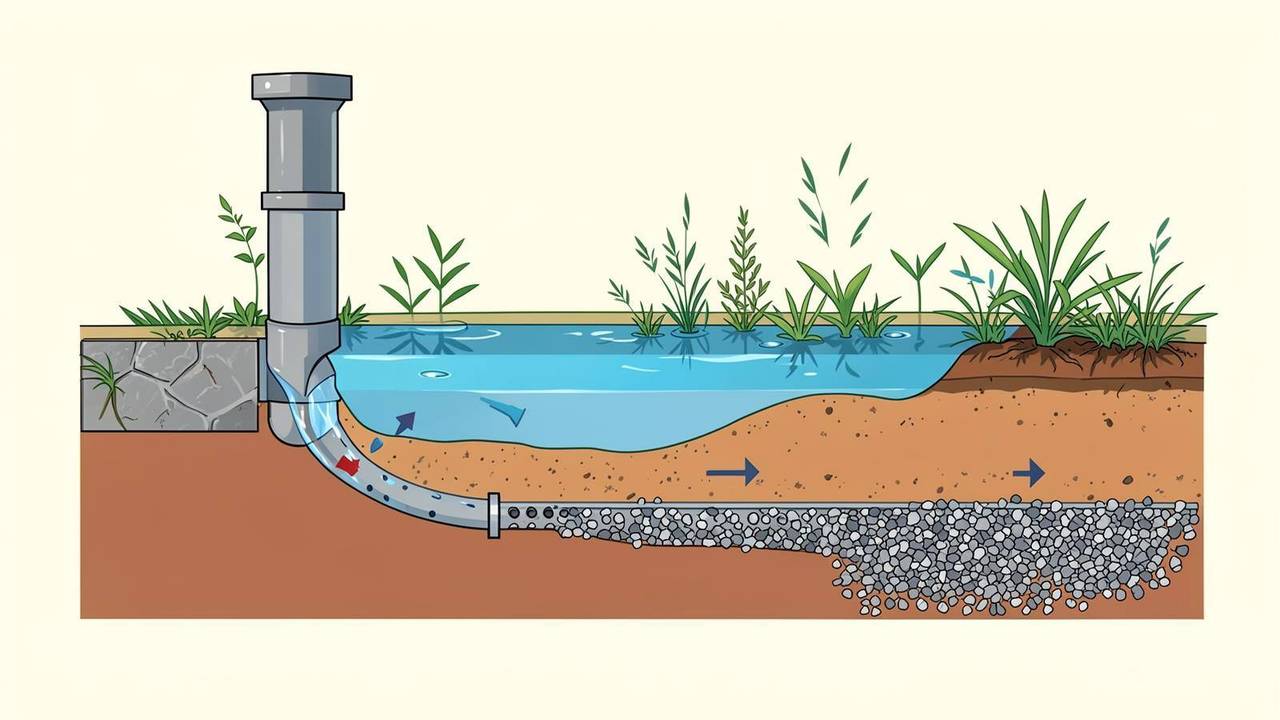 Sezione tecnica di un rain garden Schema in sezione di un rain garden con strati filtranti, drenaggio e troppopieno