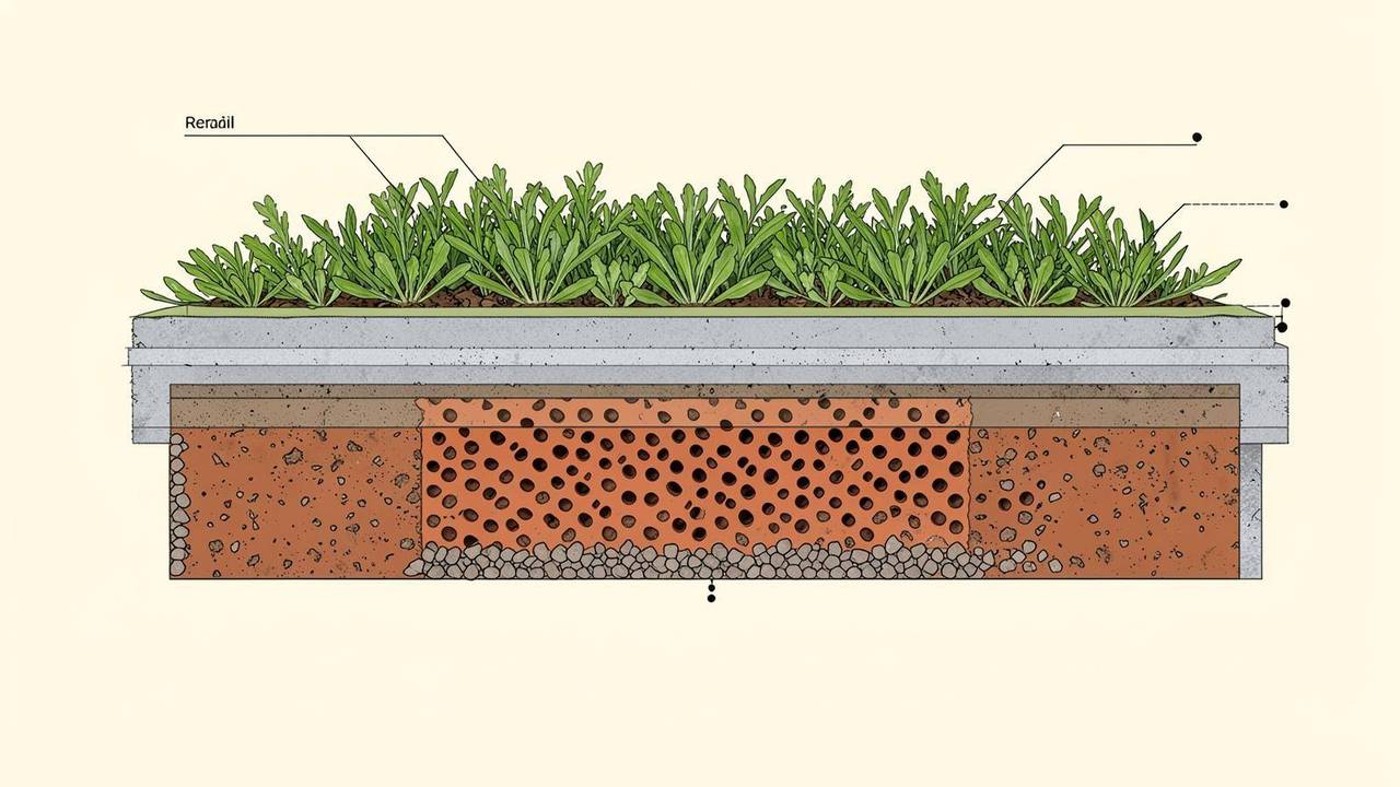 Schema della stratigrafia di un tetto verde con impermeabilizzazione, drenaggio, substrato e vegetazione