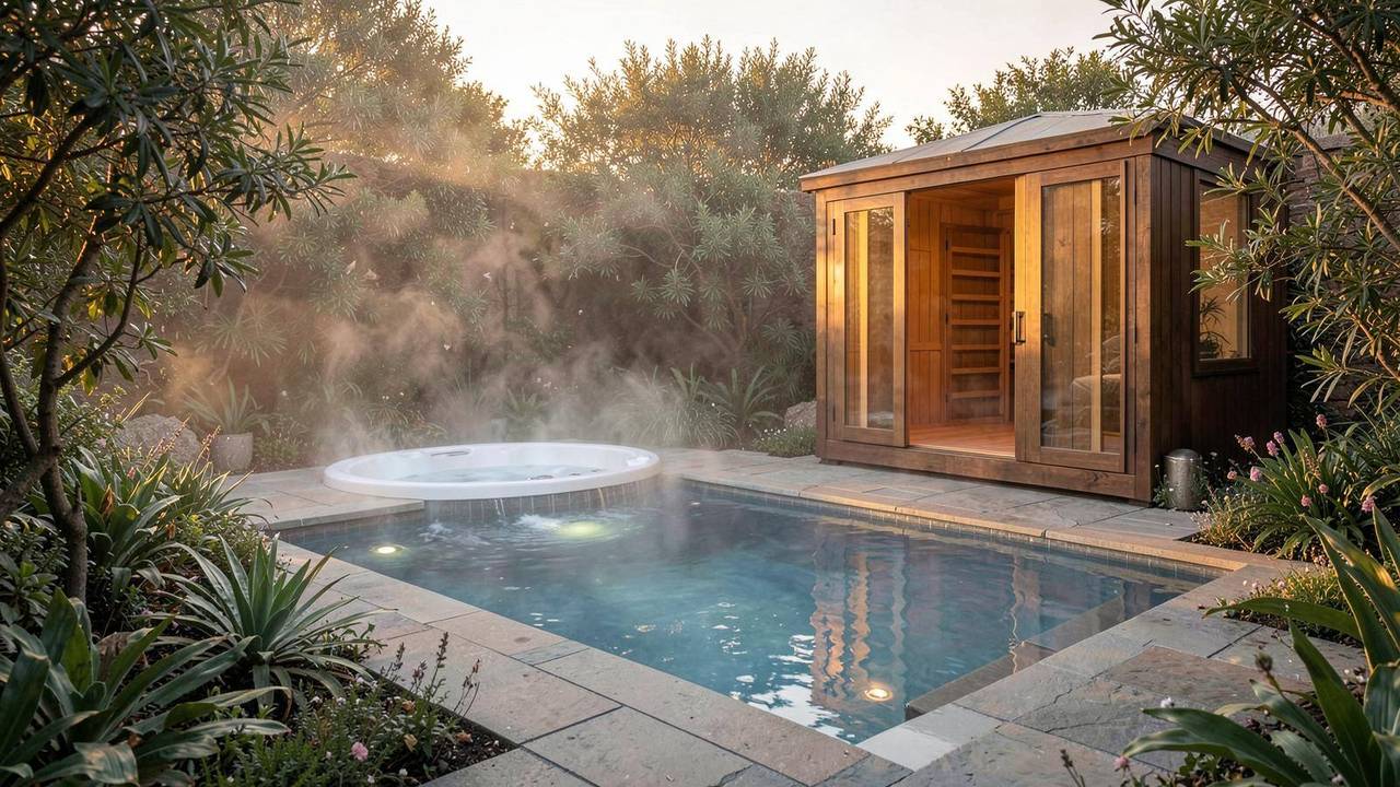 Spa e area benessere in giardino con vasca e sauna Area spa in giardino con vasca idromassaggio, piscina e cabina sauna in legno