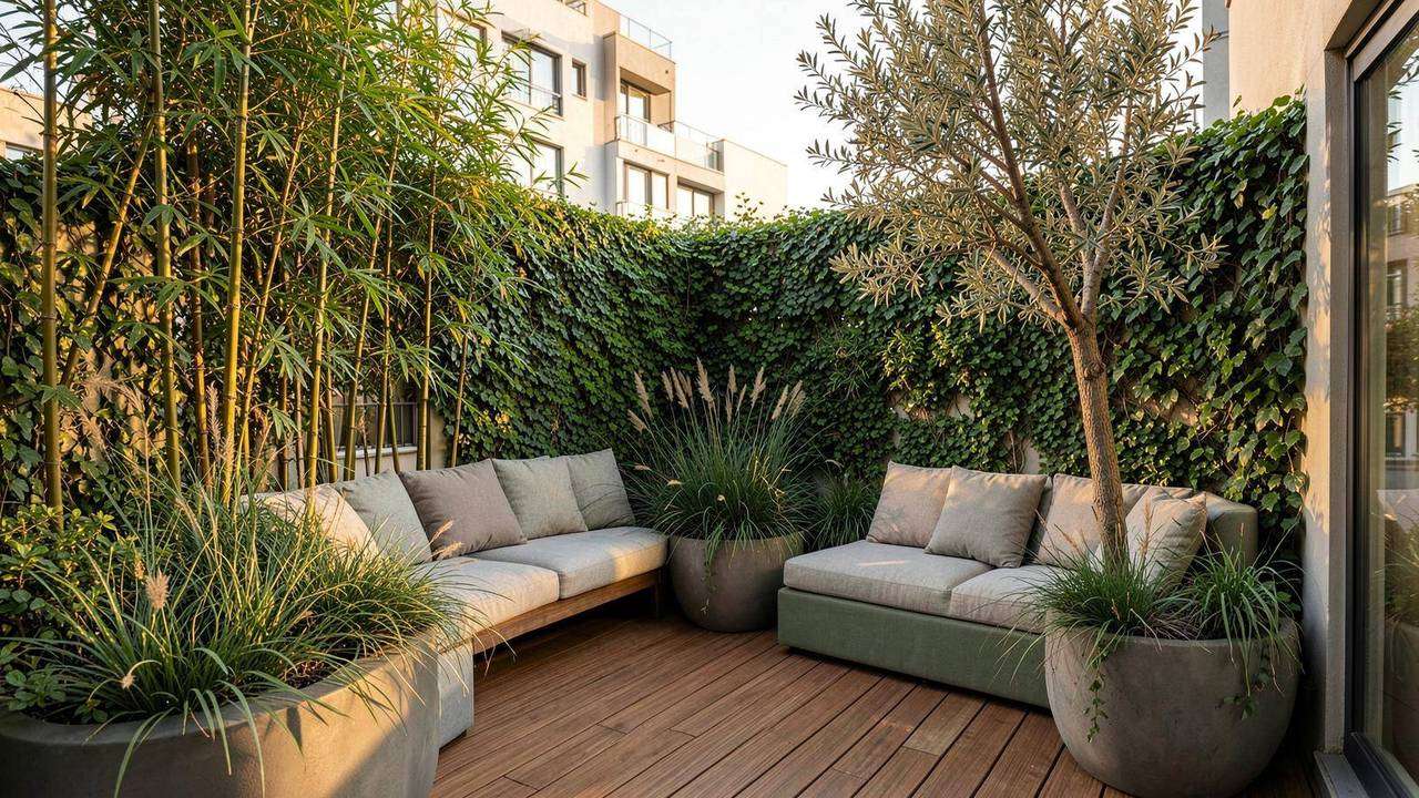 Verde in terrazza con fioriere e salotto esterno Terrazza verde con fioriere, salotto da esterno e siepi per la privacy