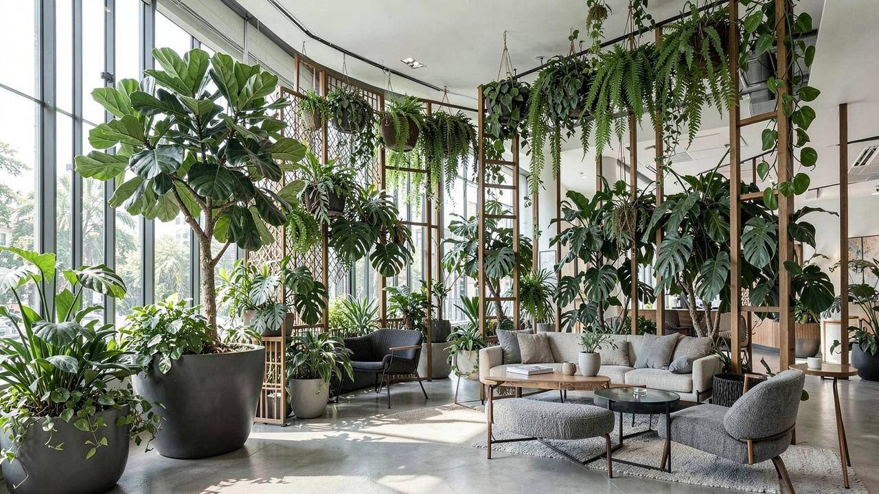 Verde per interni: piante di grandi dimensioni negli spazi di lavoro Ufficio con grandi piante da interno in vasi di design accanto alle postazioni di lavoro