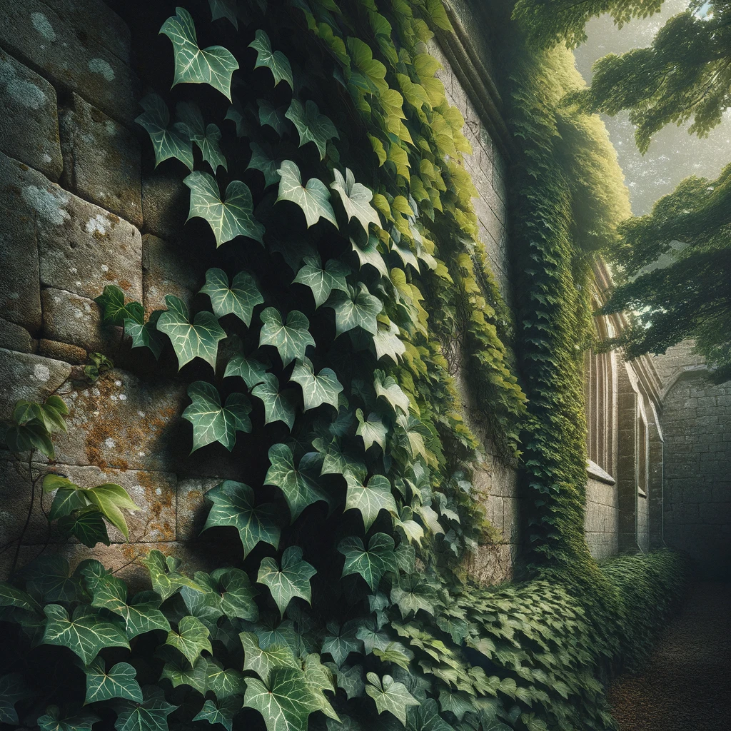 Primo piano di un muro ricoperto di edera