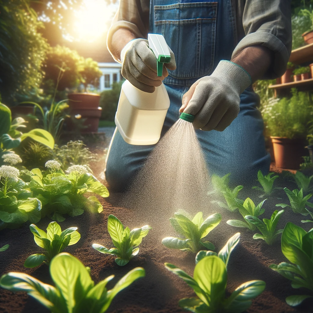 Giardiniere al lavoro con un insetticida naturale