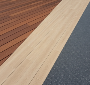 Confronto visivo tra pavimentazioni: decking in legno, gres porcellanato, resina